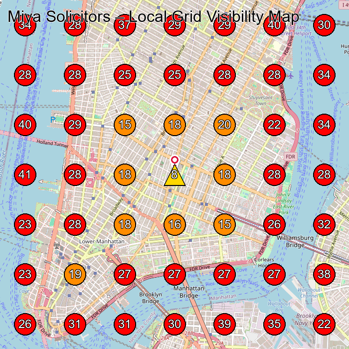 Miya Solicitors GeoGrid visibility map for Personal Injury Attorney in New York